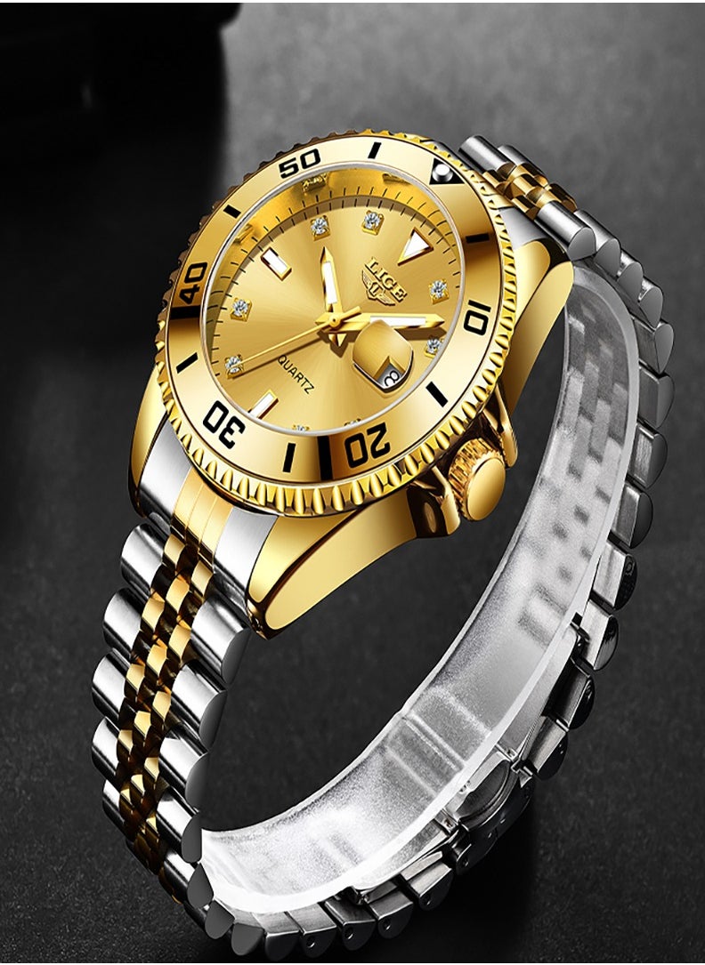 Men's Business Gold Dial Quartz Watch with Stainless Steel Band