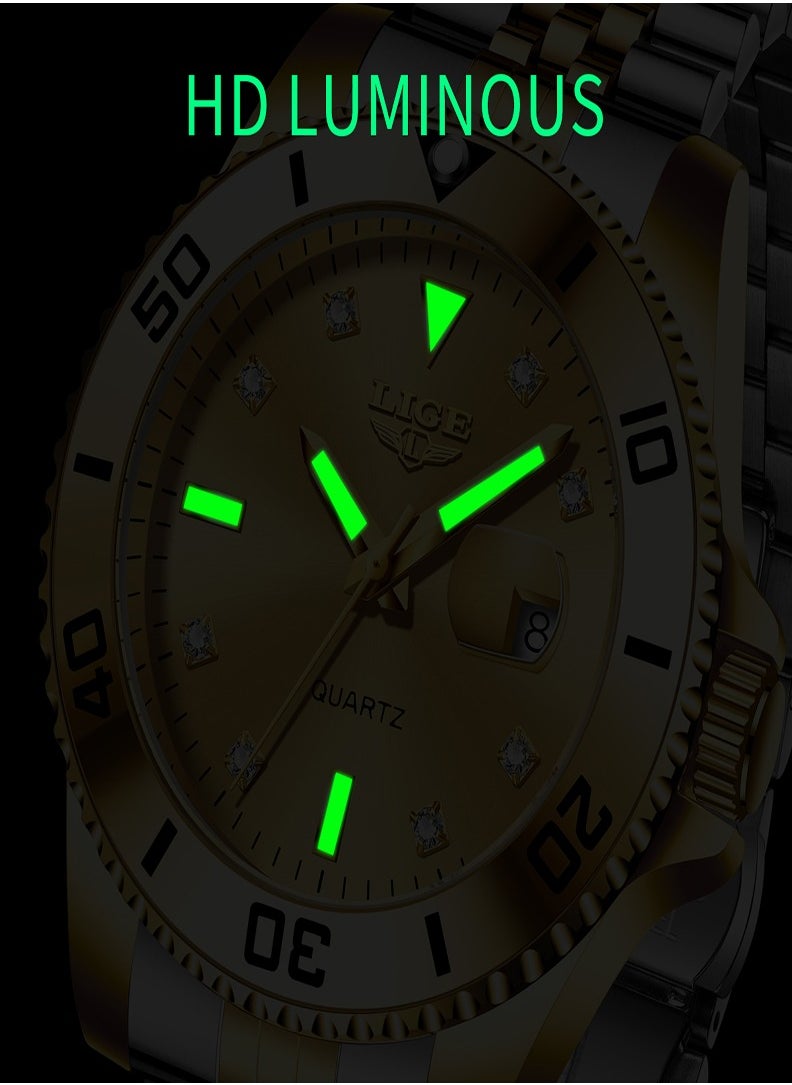 Men's Business Gold Dial Quartz Watch with Stainless Steel Band