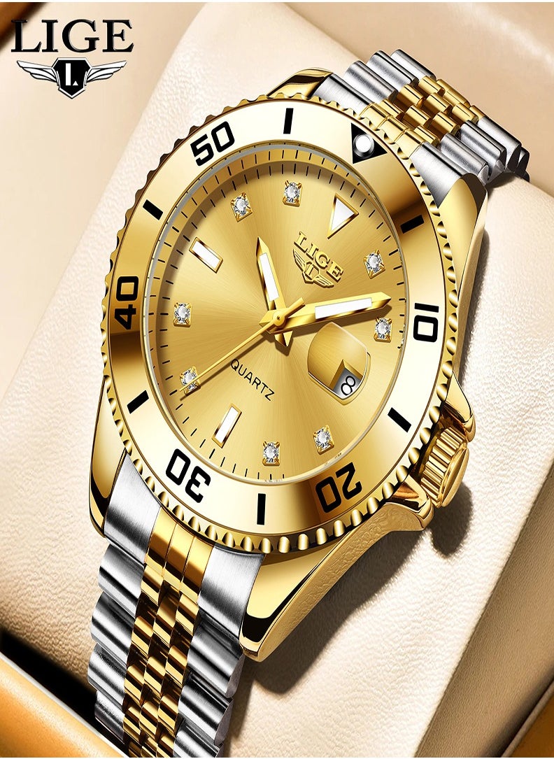 Men's Business Gold Dial Quartz Watch with Stainless Steel Band