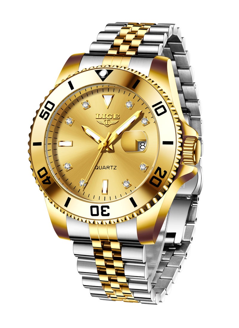 Men's Business Gold Dial Quartz Watch with Stainless Steel Band