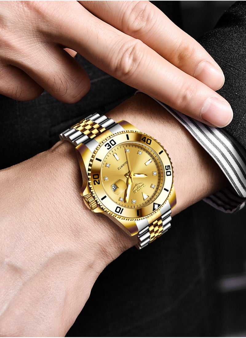 Men's Business Gold Dial Quartz Watch with Stainless Steel Band