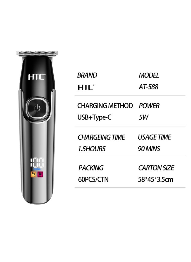 HTC Hair Clipper, Beard Trimmer with 2 Speed Settings, USB Rechargeable Cordless T-Shape Shaver with LED Display and 3 Combs, AT588 (BLACK)