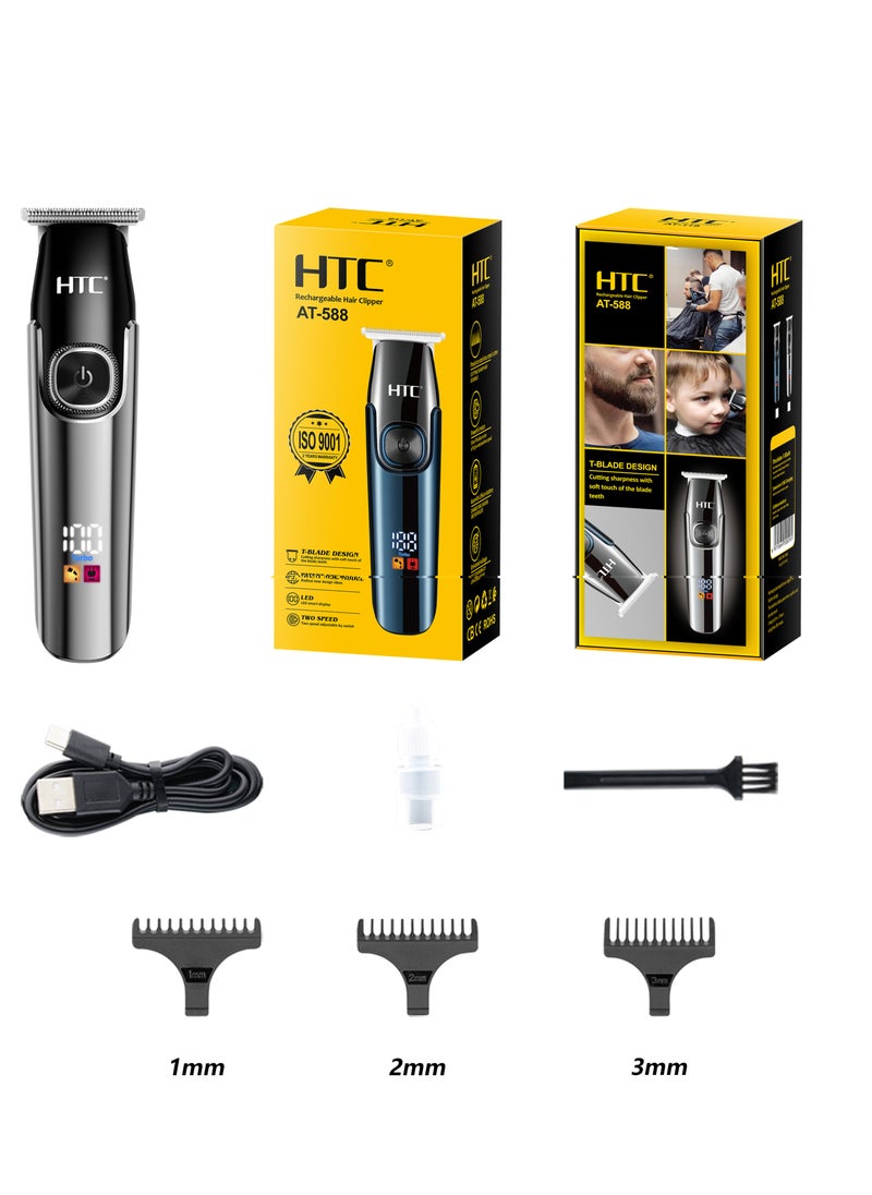 HTC Hair Clipper, Beard Trimmer with 2 Speed Settings, USB Rechargeable Cordless T-Shape Shaver with LED Display and 3 Combs, AT588 (BLACK)