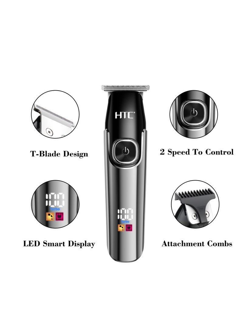 HTC Hair Clipper, Beard Trimmer with 2 Speed Settings, USB Rechargeable Cordless T-Shape Shaver with LED Display and 3 Combs, AT588 (BLACK)