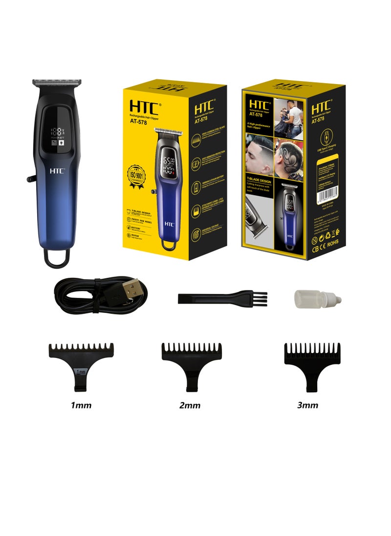 HTC Hair Clipper, Beard Trimmer with USB Rechargeable Cordless T-Shape Shaver with LED Display and 3 Combs, AT578
