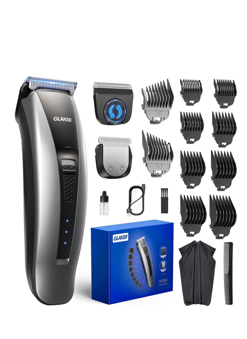 GLAKER Hair Clippers for Men - Cordless 2 in 1 Versatile Hair Trimmer with 10 Guards, 2 Detachable Blades & Turbo Motor, Professional Beard Grooming Kit for Barbers, USB C Rechargeable