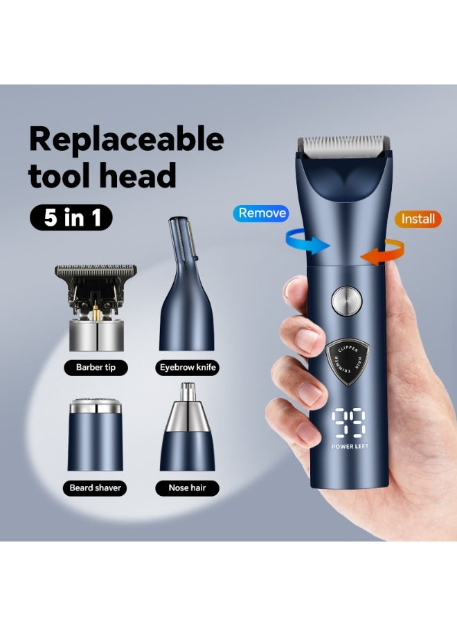 5 Piece Mens Grooming Kit for Beard,Electric Shaver for Men Bald Shavers,3-Speed Shaver with 4 Different Functional Replacement Heads for Beard,Face, Nose,Ear Hair Trimmer and Hair Clipper