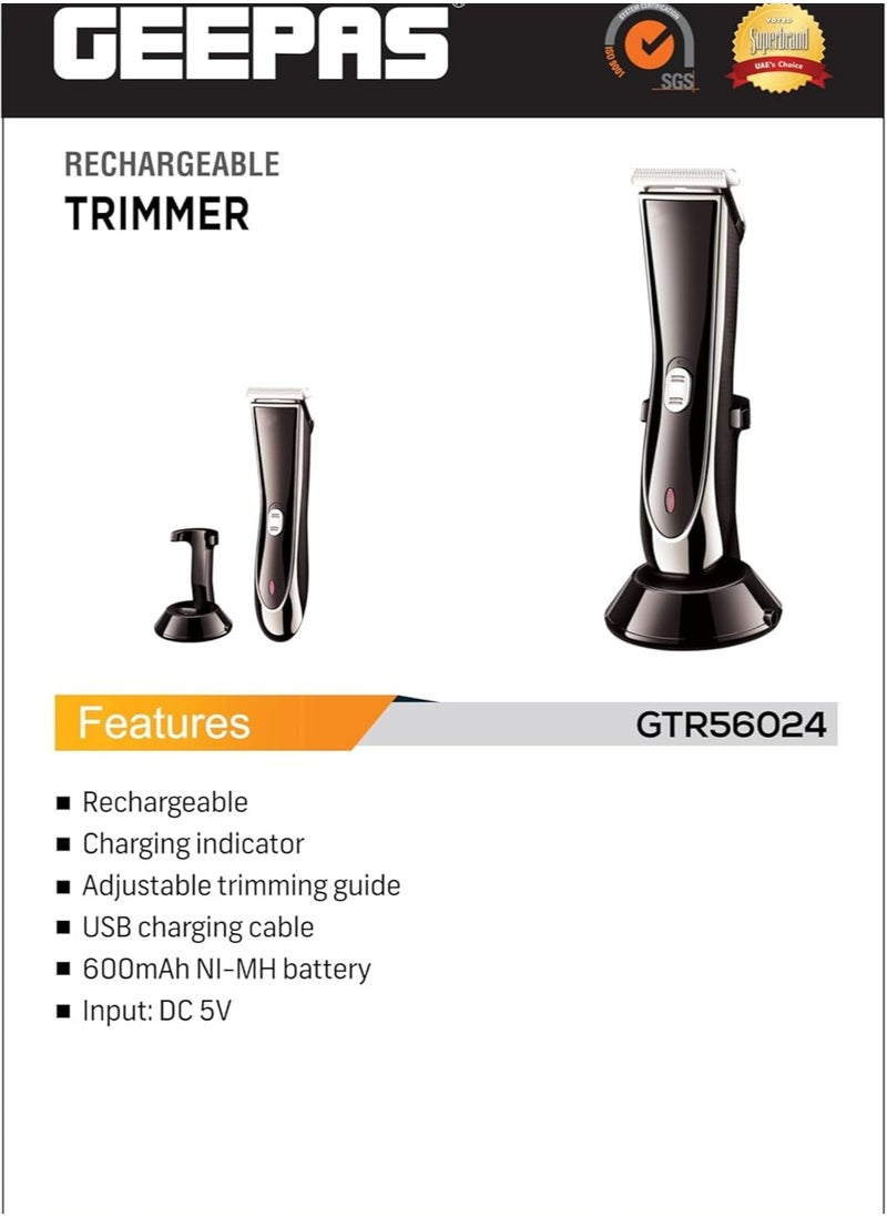 Geepas-Rechargeable Trimmer, Adjustable Trimming Guide, GTR56024 | Cordless Trimmer for Men's Beard | Charging Indicators | Hair Clipper & Beard Stubble Trimmer Kit