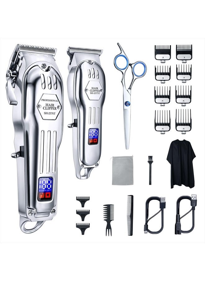 Hair Clippers Professional Cordless for Men, Barber Clippers for Hair Cutting Kit, Wireless LCD Display Hair Trimmers Set, Rechargeable Haircut Machine for Family (Sliver)