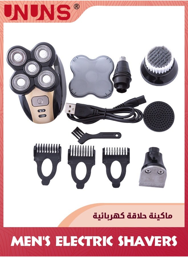 Electric Razor For Men,Waterproof 5-in-1 Cordless Rotary Shavers,USB Rechargeable,Multifunctional Bald Head Shaver Kit With Beard Hair Nose Trimmer Facial Cleansing Massage Brush,Black