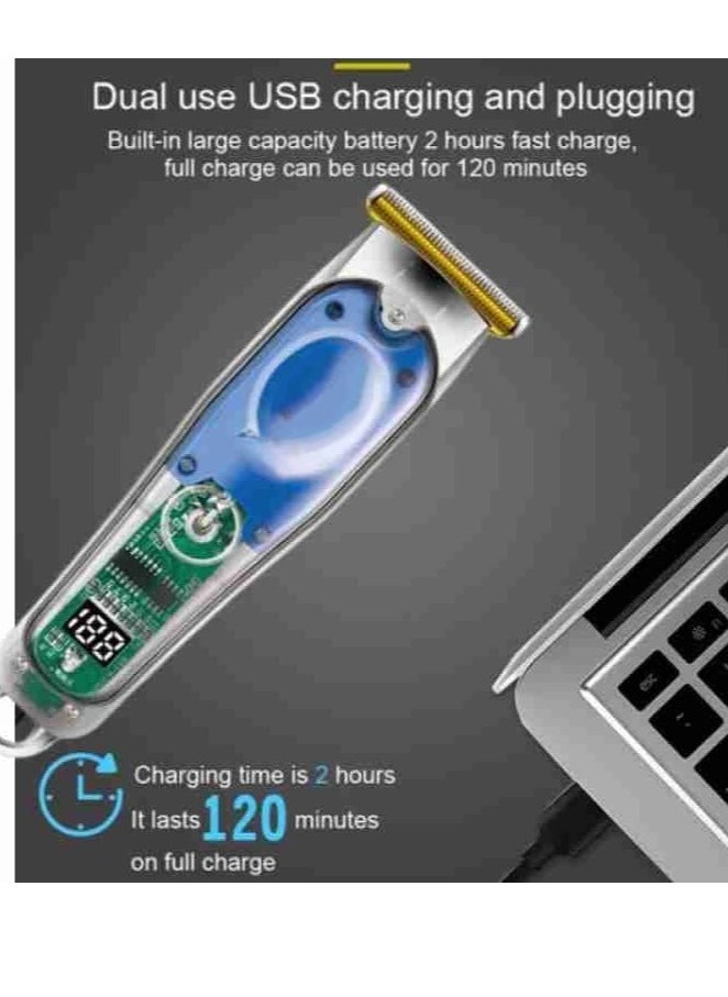 Transparent Hair Clipper for Men, USB Rechargeable Professional Trimmer Haircut with Adjustable Blades Smart LED Display