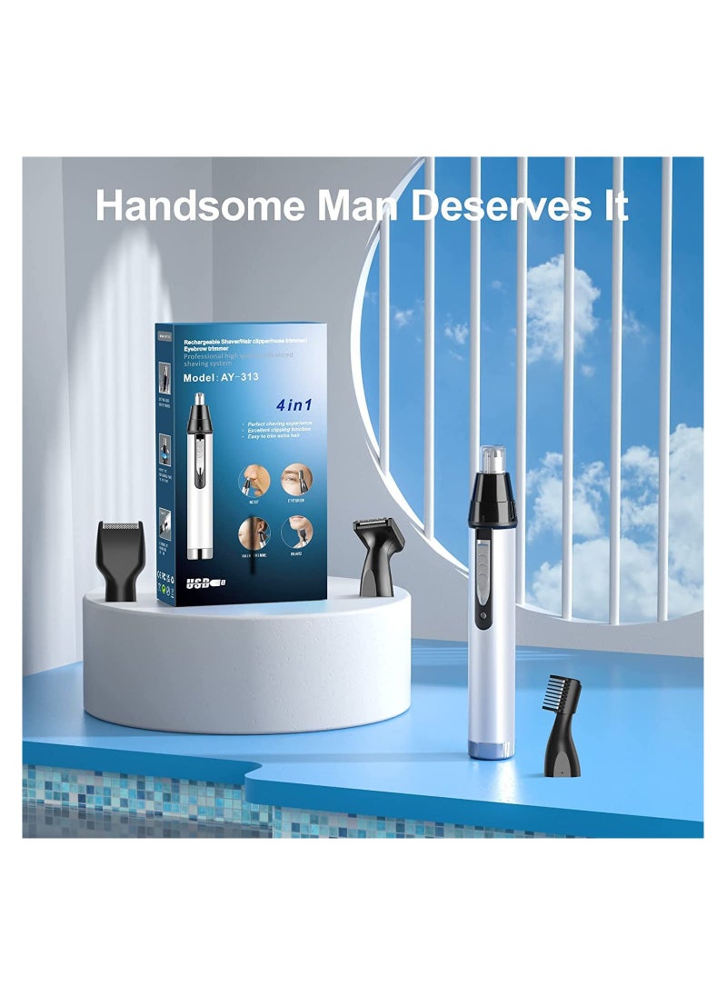 Ear and Nose Hair Trimmer for Men,Professional USB Rechargeable Nostril Nasal Hair Vacuum Cleaning System,4 in 1 Lightweight Waterproof Hair and Beard Clippers for Women White