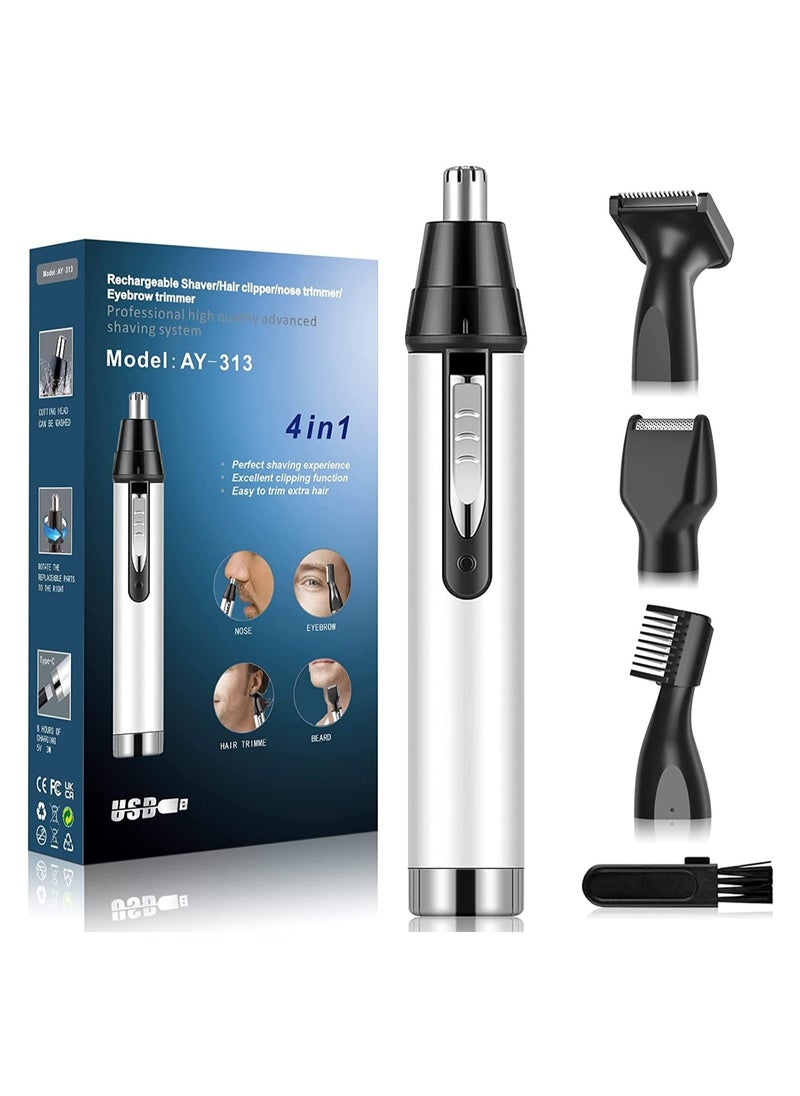 Ear and Nose Hair Trimmer for Men,Professional USB Rechargeable Nostril Nasal Hair Vacuum Cleaning System,4 in 1 Lightweight Waterproof Hair and Beard Clippers for Women White