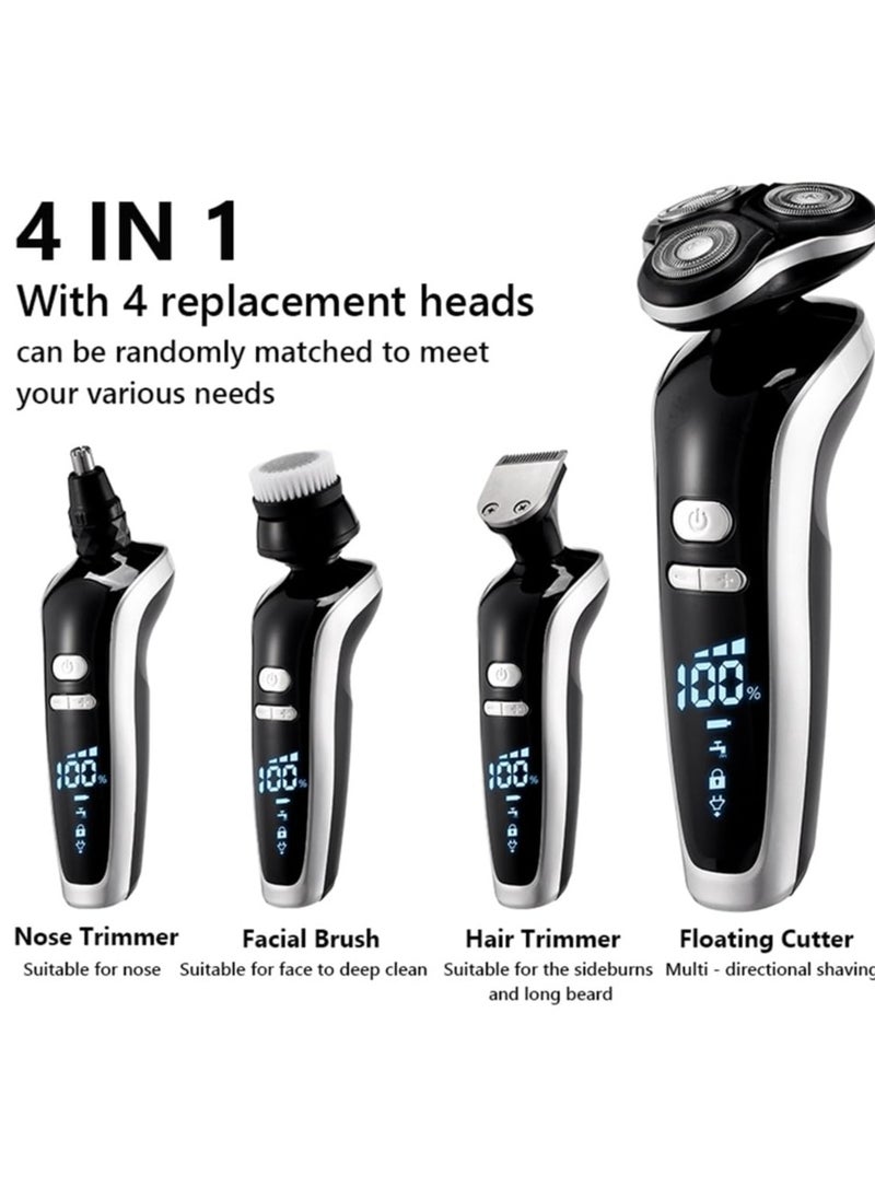 Electric Razor for Men, 4-in-1 Men's Shaver Kit with 4D Rotary Shaver, Hair Clipper, Nose Trimmer, Sideburns Trimmer and Face Cleaning Brush