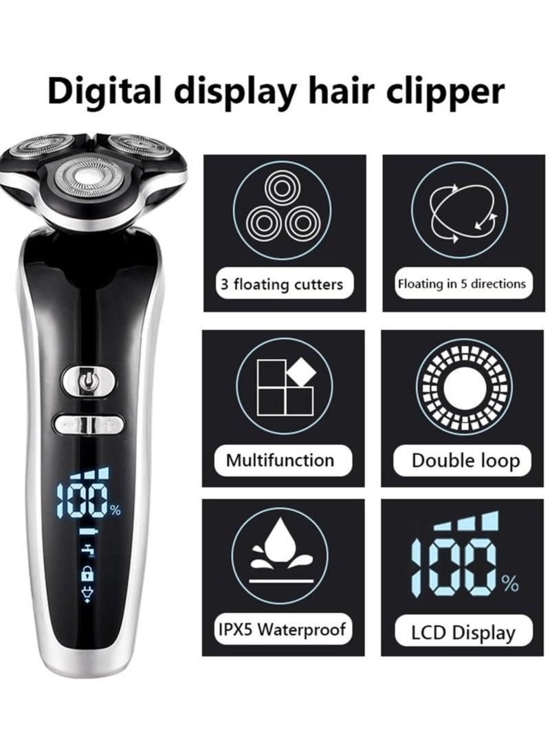 Electric Razor for Men, 4-in-1 Men's Shaver Kit with 4D Rotary Shaver, Hair Clipper, Nose Trimmer, Sideburns Trimmer and Face Cleaning Brush