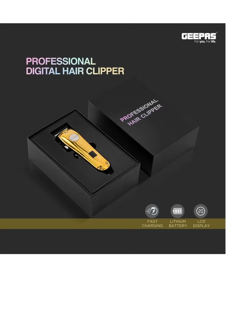 Geepas Professional Digital Hair Clipper / Trimmer GTR57502, Hair Clipper with High Capacity Li-ion Battery and Fast Charging, 4 Adjustable Cutting Blades and 4 Separate Combs| LCD Display,