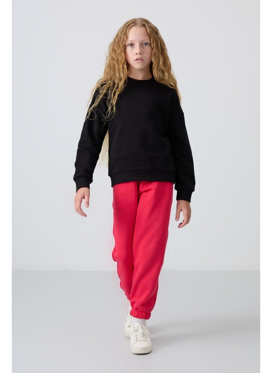 Black Cotton Fluffy Soft Texture Oversize Embroidered Girl's Sweatshirt - 75150