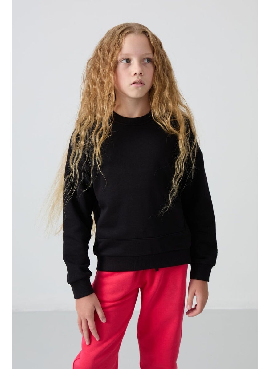 Black Cotton Fluffy Soft Texture Oversize Embroidered Girl's Sweatshirt - 75150