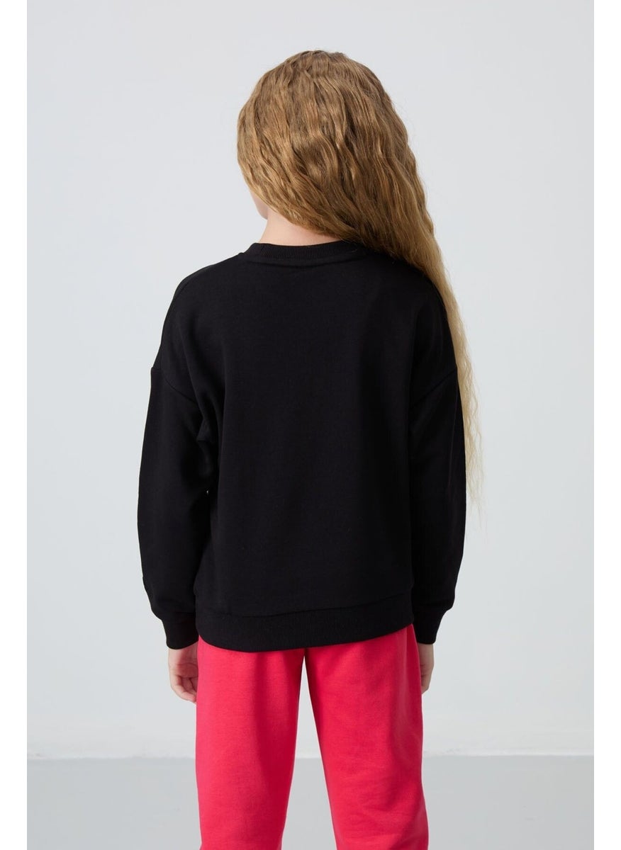Black Cotton Fluffy Soft Texture Oversize Embroidered Girl's Sweatshirt - 75150
