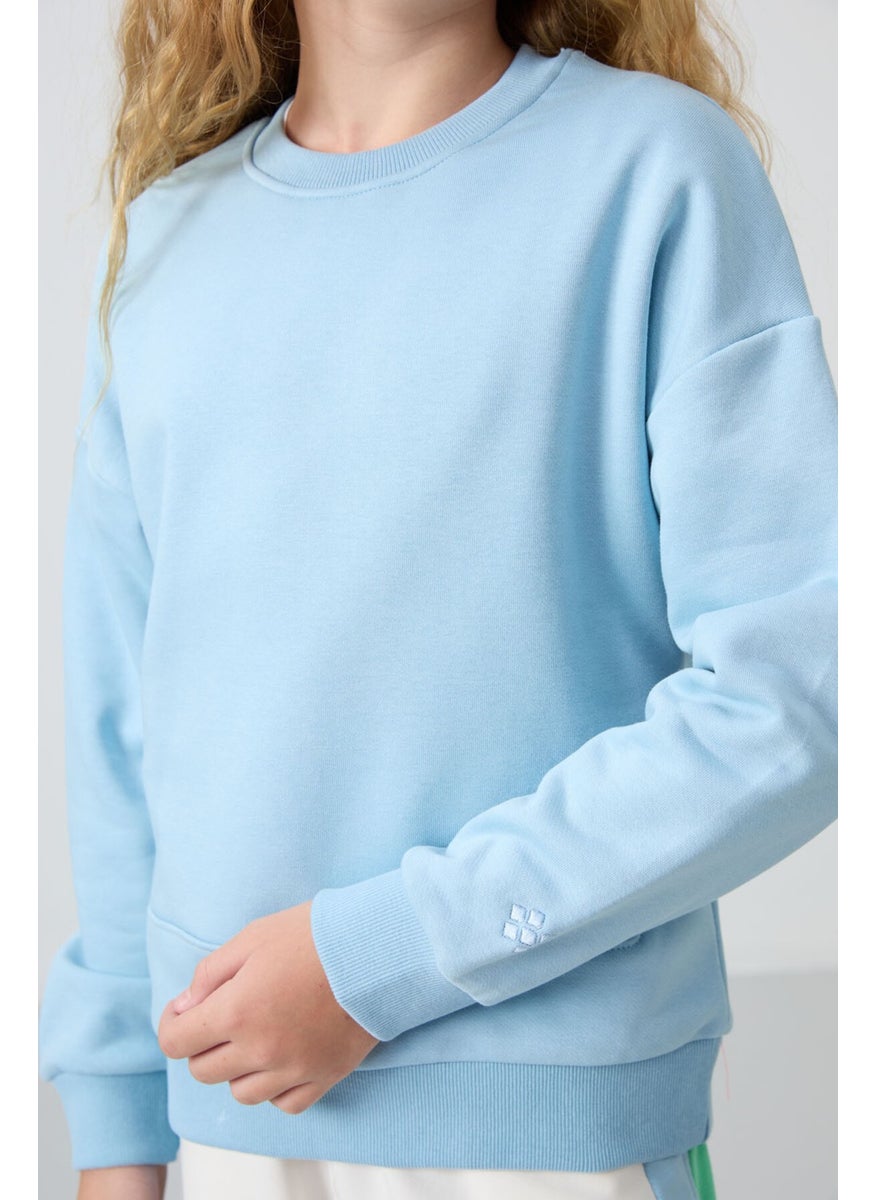 Light Blue Cotton Fluffy Soft Texture Oversize Embroidered Girl's Sweatshirt - 75150