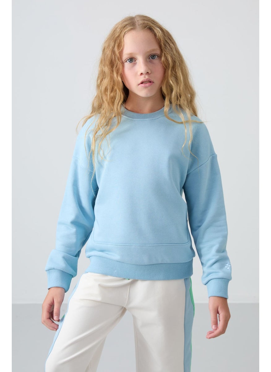 Light Blue Cotton Fluffy Soft Texture Oversize Embroidered Girl's Sweatshirt - 75150
