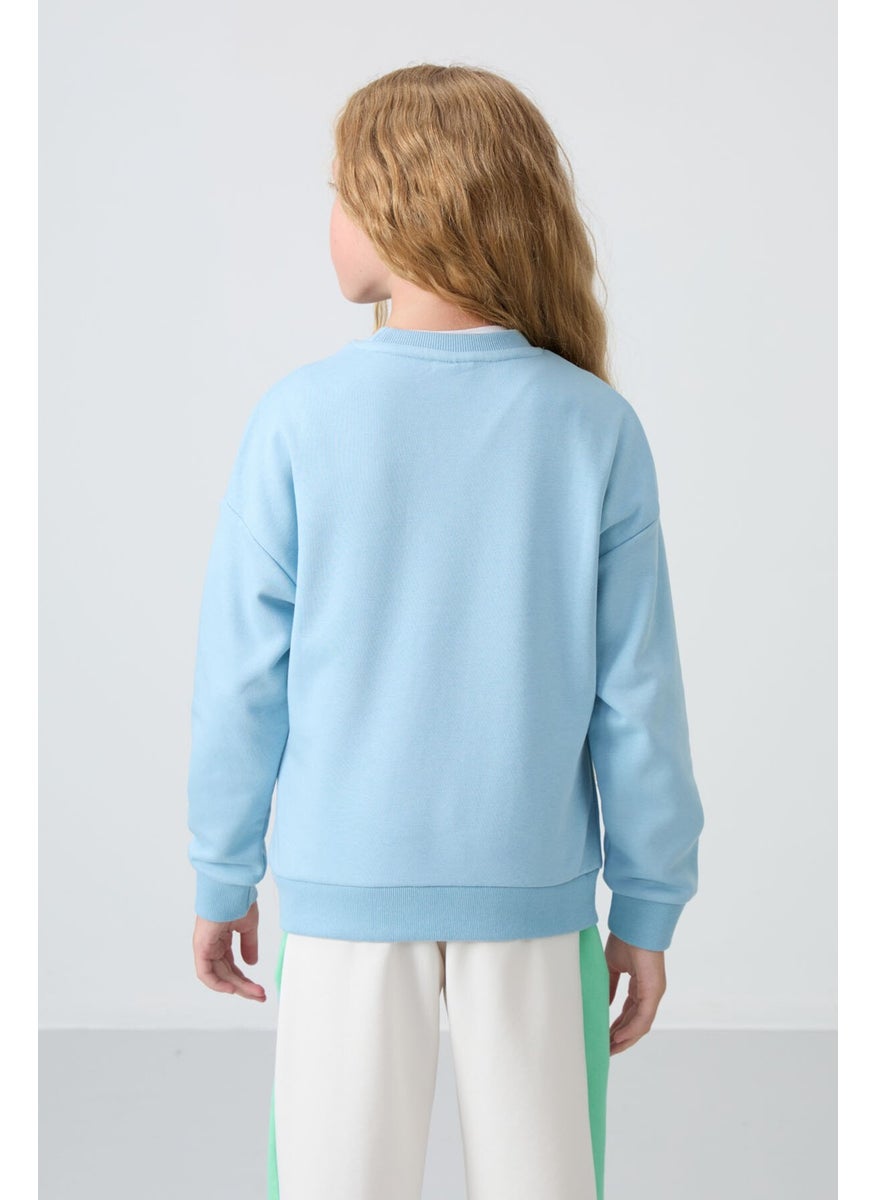 Light Blue Cotton Fluffy Soft Texture Oversize Embroidered Girl's Sweatshirt - 75150