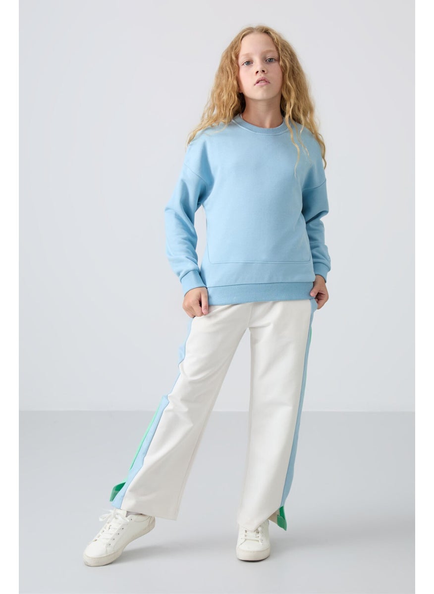 Light Blue Cotton Fluffy Soft Texture Oversize Embroidered Girl's Sweatshirt - 75150