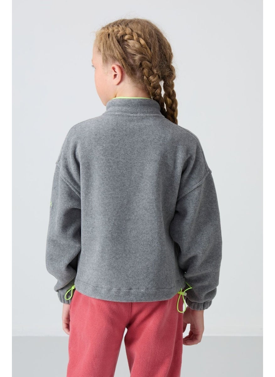 Gray Melange Thick Soft Texture Standard Fit Embroidered Polar Fleece Girls Sweatshirt - 75157