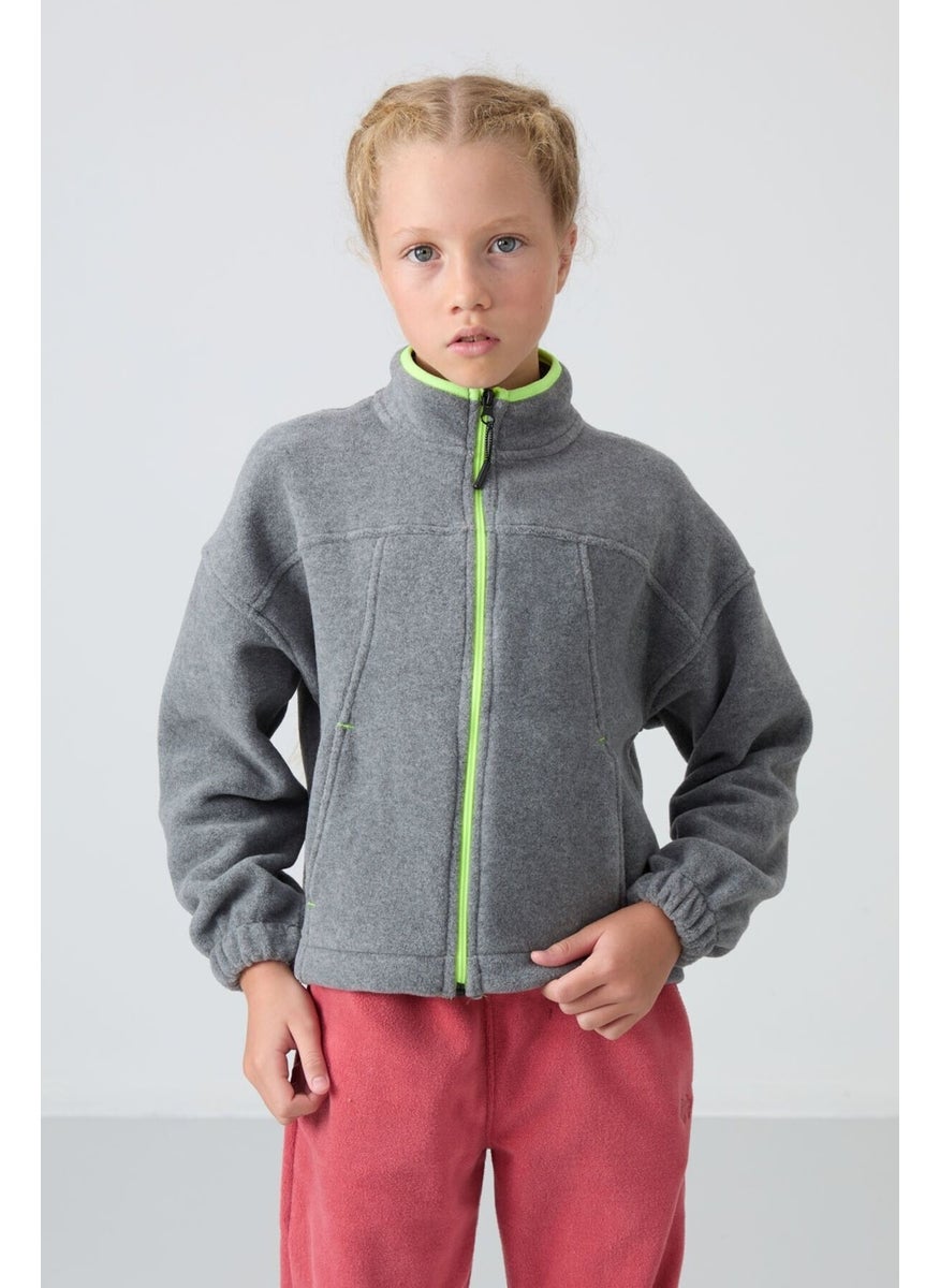 Gray Melange Thick Soft Texture Standard Fit Embroidered Polar Fleece Girls Sweatshirt - 75157