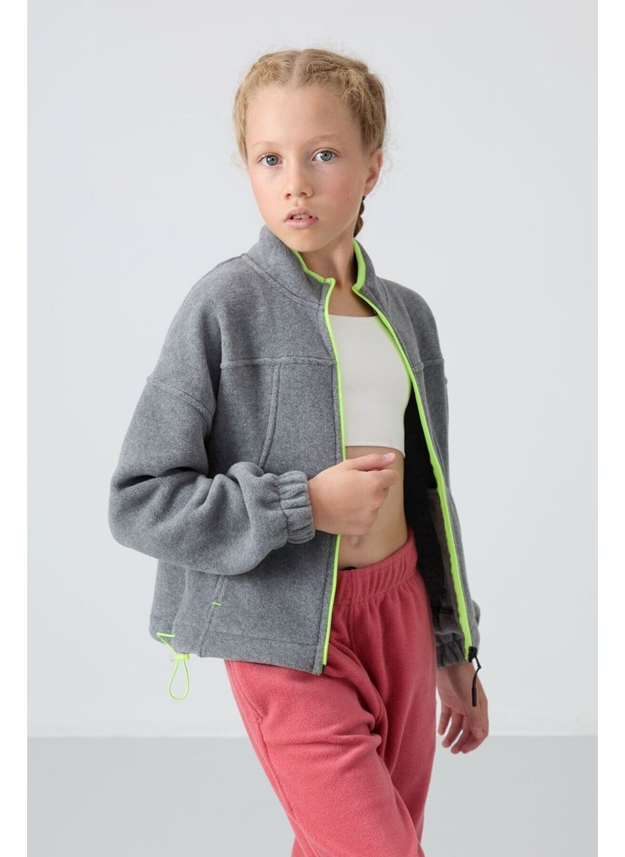 Gray Melange Thick Soft Texture Standard Fit Embroidered Polar Fleece Girls Sweatshirt - 75157