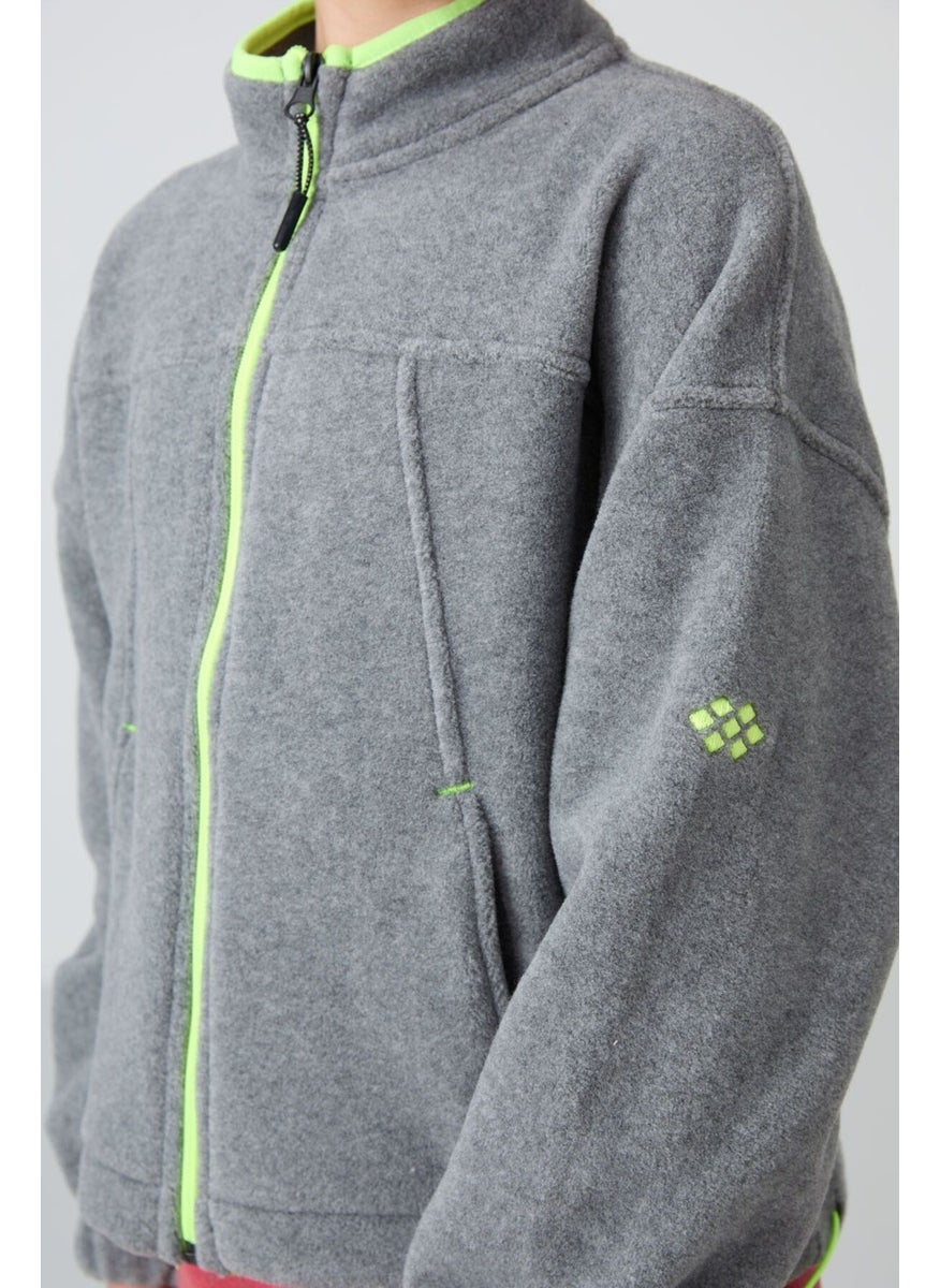 Gray Melange Thick Soft Texture Standard Fit Embroidered Polar Fleece Girls Sweatshirt - 75157