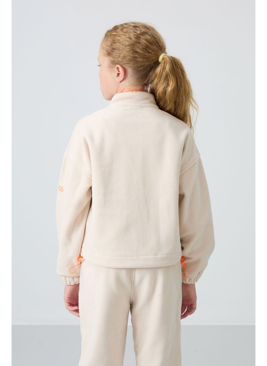 Beige Thick Soft Texture Standard Fit Embroidered Polar Fleece Girl Sweatshirt - 75157