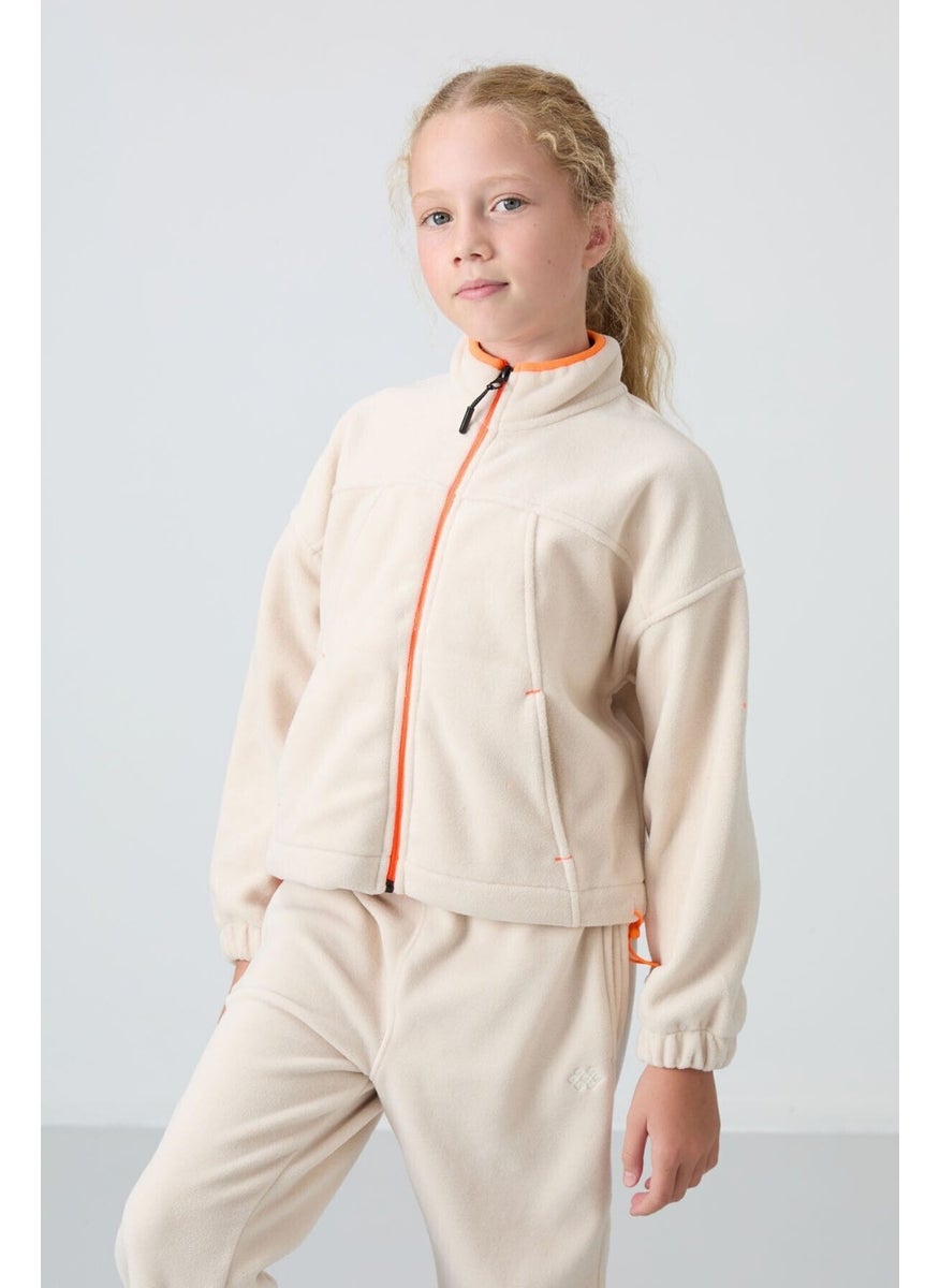 Beige Thick Soft Texture Standard Fit Embroidered Polar Fleece Girl Sweatshirt - 75157