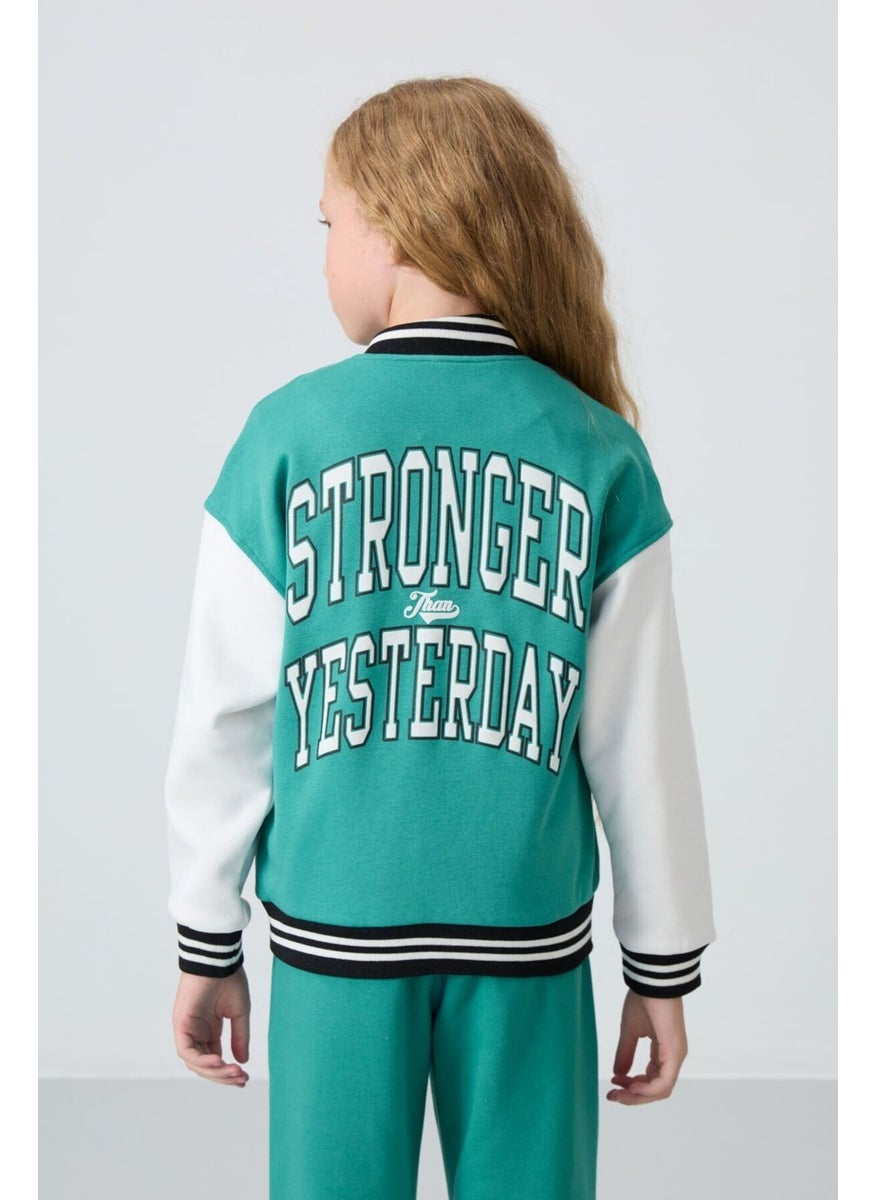 Navy Green Cotton Lined Soft Textured Standard Fit Embroidered Girls College Jacket - 75163