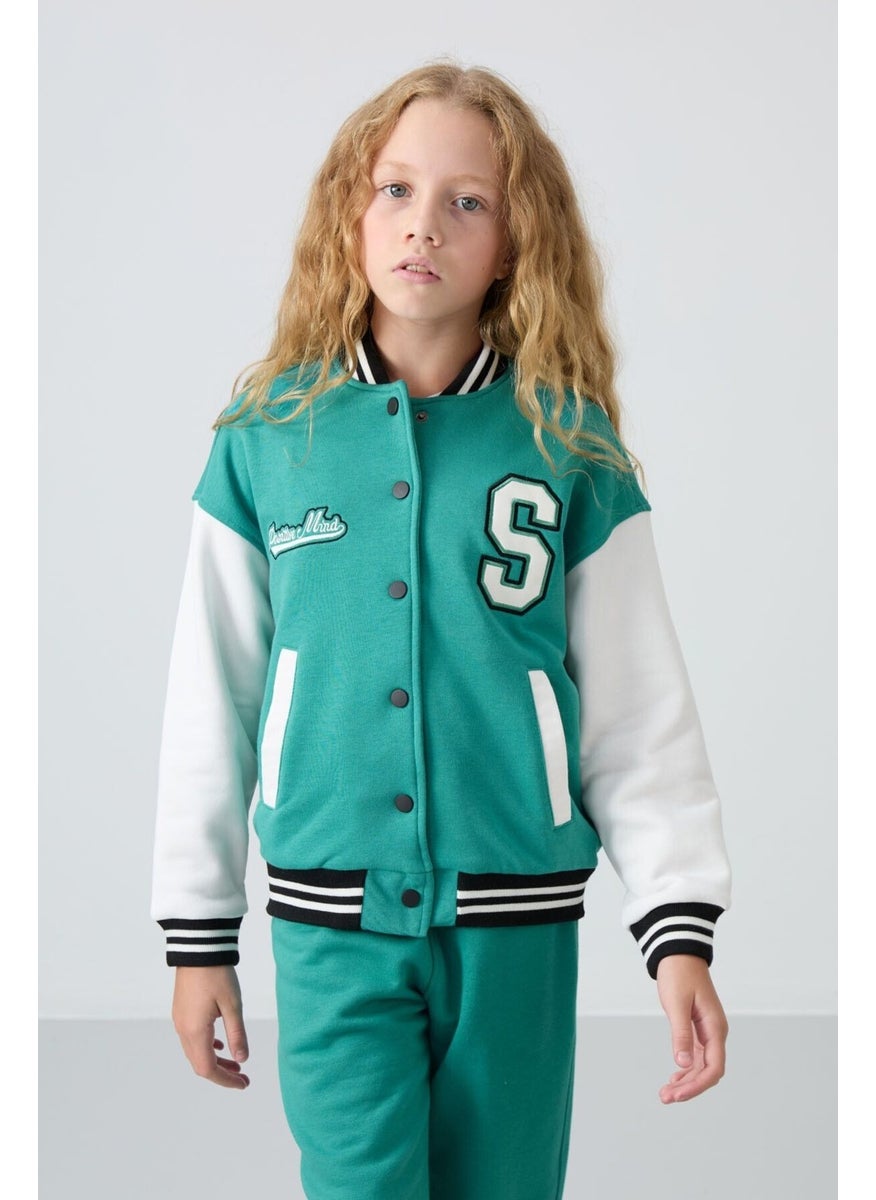 Navy Green Cotton Lined Soft Textured Standard Fit Embroidered Girls College Jacket - 75163