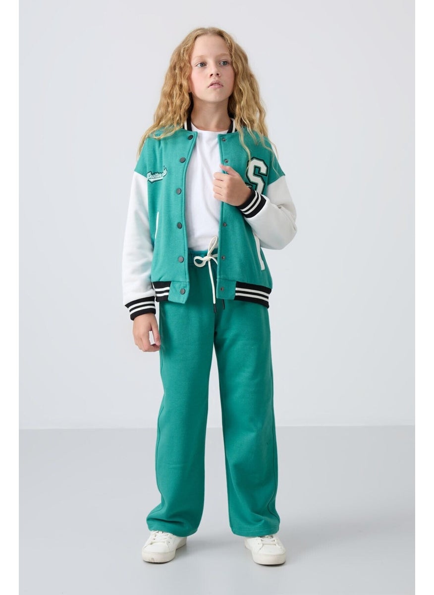 Navy Green Cotton Lined Soft Textured Standard Fit Embroidered Girls College Jacket - 75163
