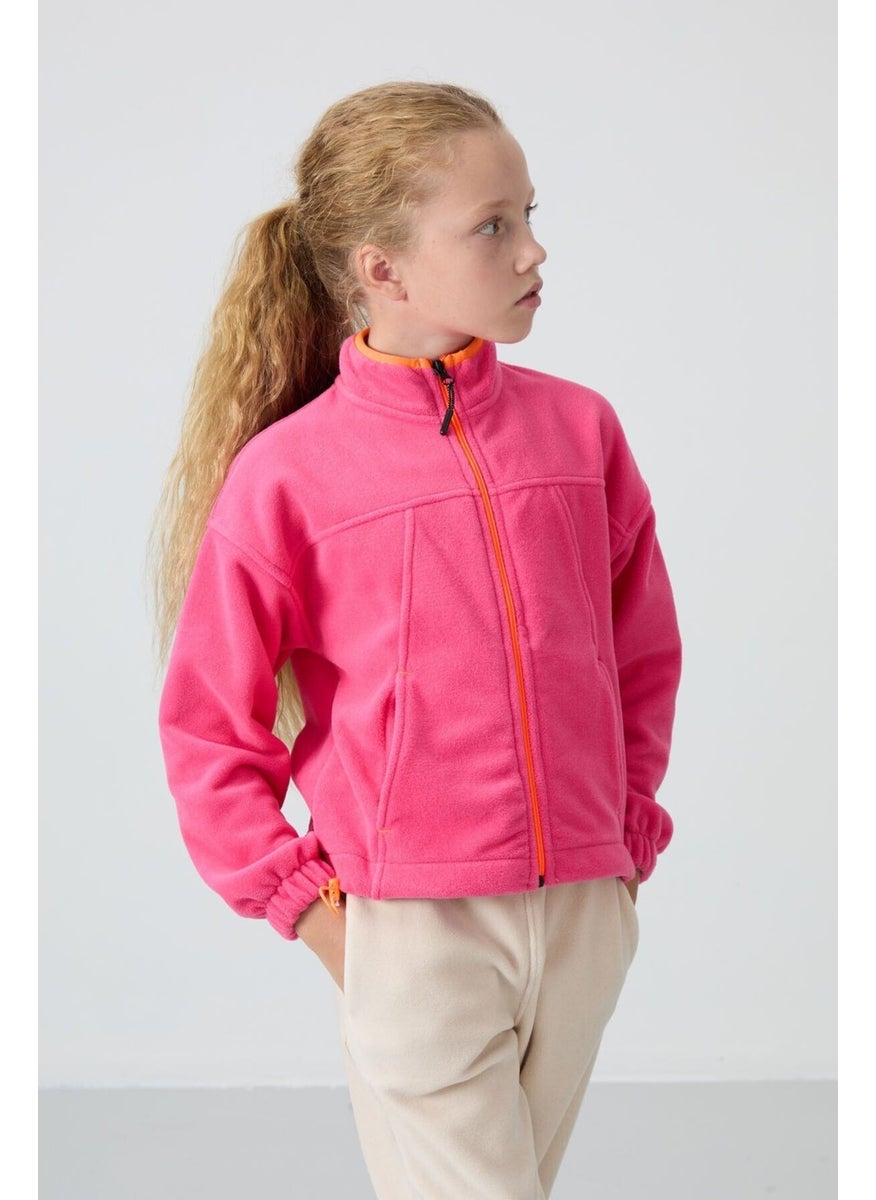 Candy Pink Thick Soft Texture Standard Fit Embroidered Polar Fleece Girl's Sweatshirt - 75157