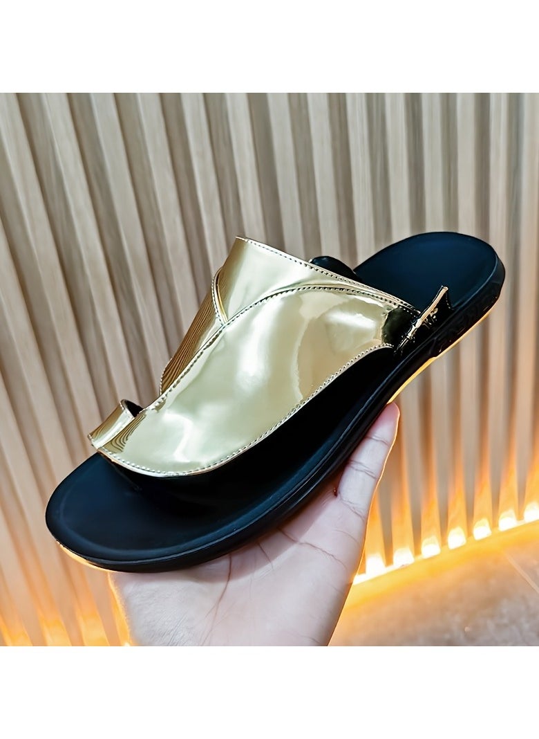 Men's Golden Metallic Slide Sandals Stylish Summer Thong Sandals with Black Sole, Non Slip Beach Shoes for Indoor & Outdoor Use, Strappy Sandals