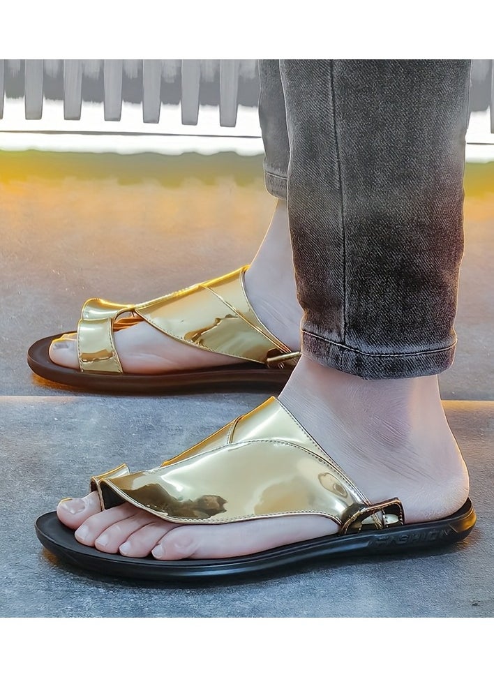 Men's Golden Metallic Slide Sandals Stylish Summer Thong Sandals with Black Sole, Non Slip Beach Shoes for Indoor & Outdoor Use, Strappy Sandals