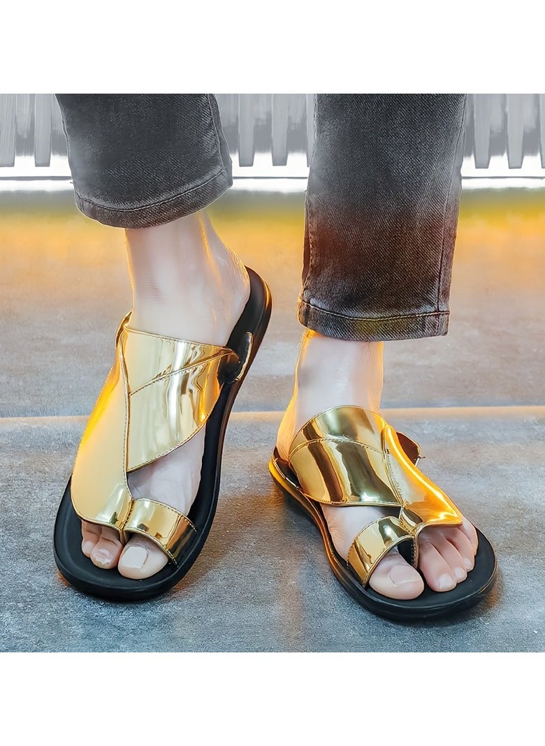Men's Golden Metallic Slide Sandals Stylish Summer Thong Sandals with Black Sole, Non Slip Beach Shoes for Indoor & Outdoor Use, Strappy Sandals