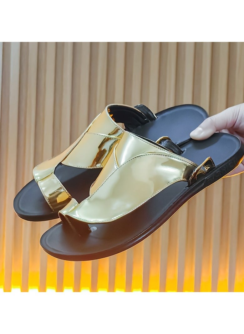 Men's Golden Metallic Slide Sandals Stylish Summer Thong Sandals with Black Sole, Non Slip Beach Shoes for Indoor & Outdoor Use, Strappy Sandals