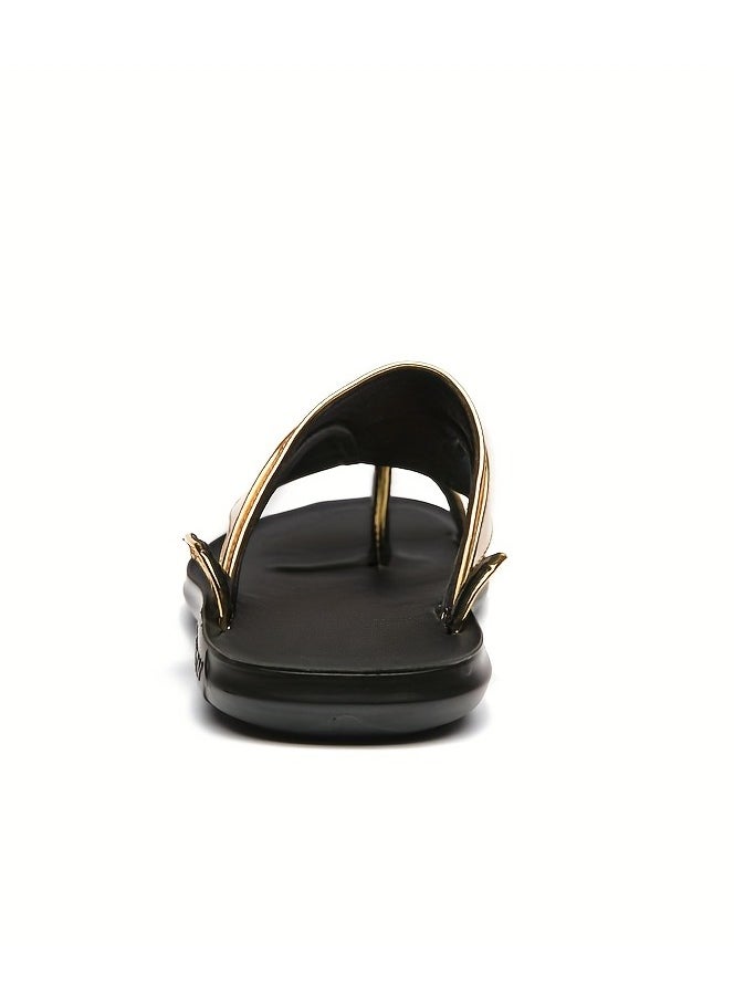 Men's Golden Metallic Slide Sandals Stylish Summer Thong Sandals with Black Sole, Non Slip Beach Shoes for Indoor & Outdoor Use, Strappy Sandals