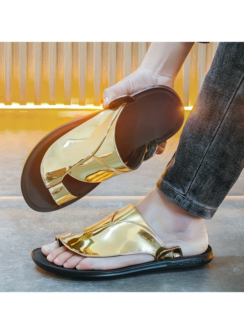 Men's Golden Metallic Slide Sandals Stylish Summer Thong Sandals with Black Sole, Non Slip Beach Shoes for Indoor & Outdoor Use, Strappy Sandals