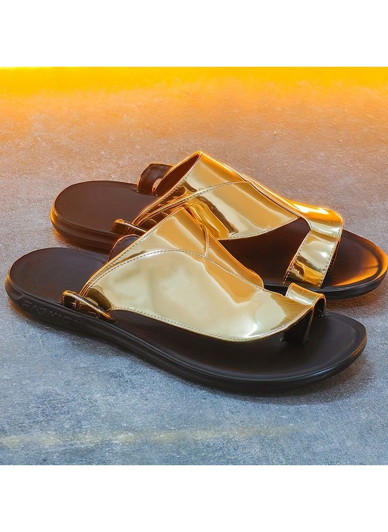 Men's Golden Metallic Slide Sandals Stylish Summer Thong Sandals with Black Sole, Non Slip Beach Shoes for Indoor & Outdoor Use, Strappy Sandals