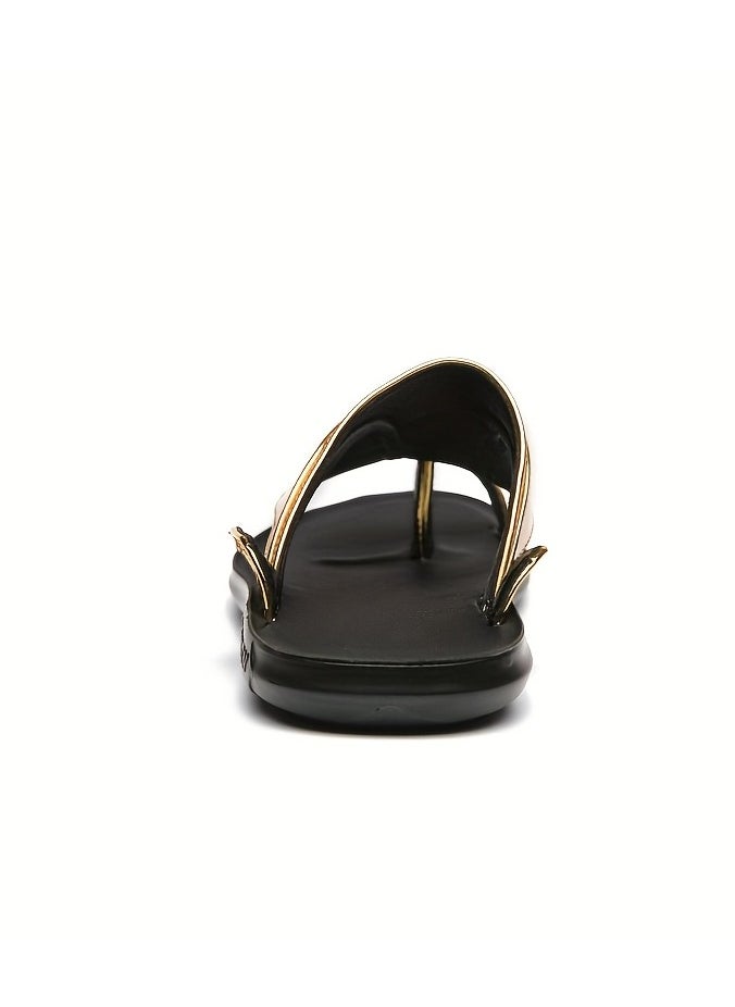 Men's Golden Metallic Slide Sandals Stylish Summer Thong Sandals with Black Sole, Non Slip Beach Shoes for Indoor & Outdoor Use, Strappy Sandals