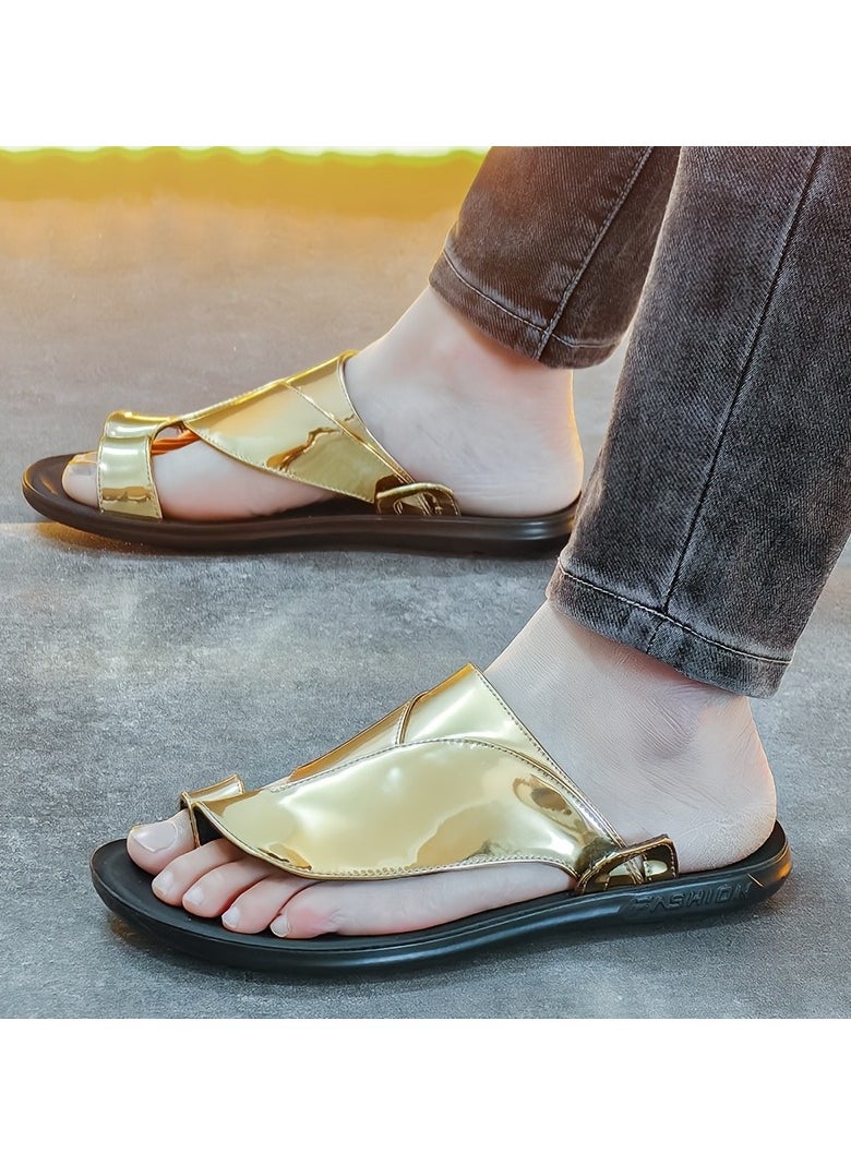 Men's Golden Metallic Slide Sandals Stylish Summer Thong Sandals with Black Sole, Non Slip Beach Shoes for Indoor & Outdoor Use, Strappy Sandals