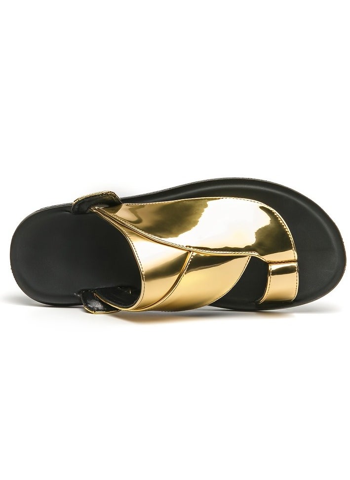 Men's Golden Metallic Slide Sandals Stylish Summer Thong Sandals with Black Sole, Non Slip Beach Shoes for Indoor & Outdoor Use, Strappy Sandals