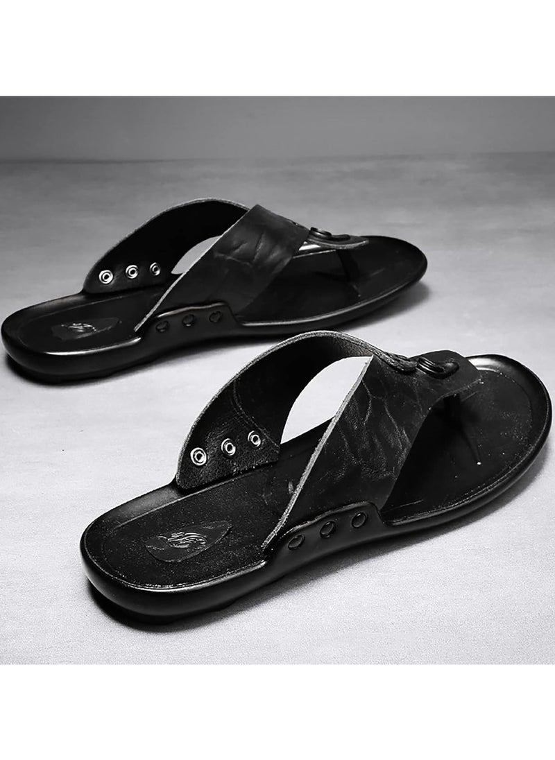 Men Leather Flip Flops Sandals Vintage Lightweight Summer Beach Flat Slippers