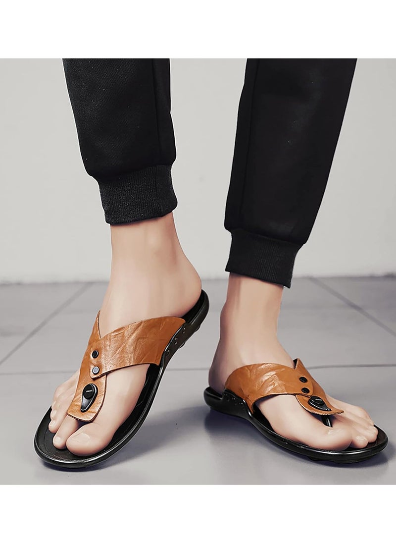 Men Leather Flip Flops Sandals Vintage Lightweight Summer Beach Flat Slippers