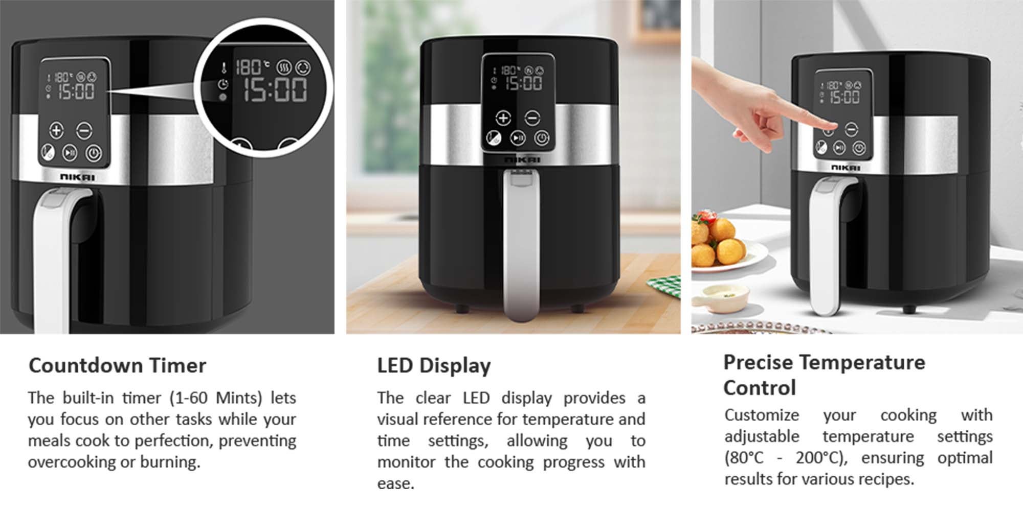 Air Fryer, Touch Panel, Led Display, Xl Size Non-Stick Basket, 1-60-Min Timer, Temp Control, Effortless Cleaning, No-Oil Healthy Frying Grilling Roasting And Baking 4.2 L 1520 W NAF388D3 Black